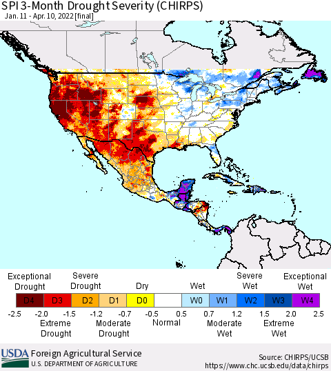 North America SPI 3-Month Drought Severity (CHIRPS) Thematic Map For 1/11/2022 - 4/10/2022