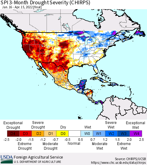 North America SPI 3-Month Drought Severity (CHIRPS) Thematic Map For 1/16/2022 - 4/15/2022
