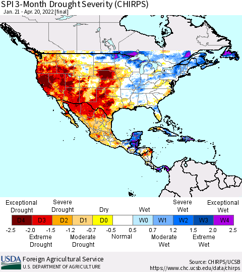 North America SPI 3-Month Drought Severity (CHIRPS) Thematic Map For 1/21/2022 - 4/20/2022