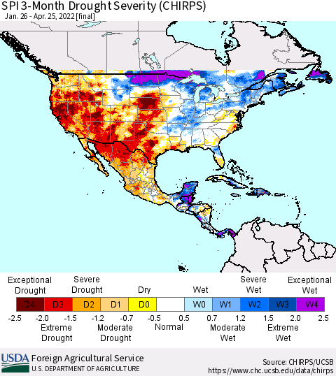 North America SPI 3-Month Drought Severity (CHIRPS) Thematic Map For 1/26/2022 - 4/25/2022