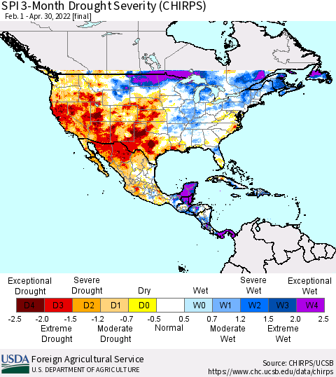 North America SPI 3-Month Drought Severity (CHIRPS) Thematic Map For 2/1/2022 - 4/30/2022