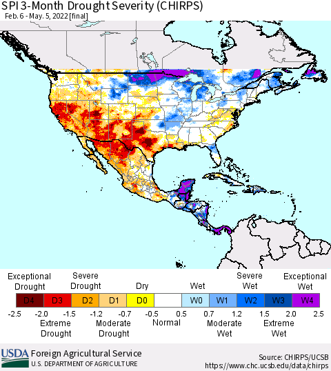 North America SPI 3-Month Drought Severity (CHIRPS) Thematic Map For 2/6/2022 - 5/5/2022