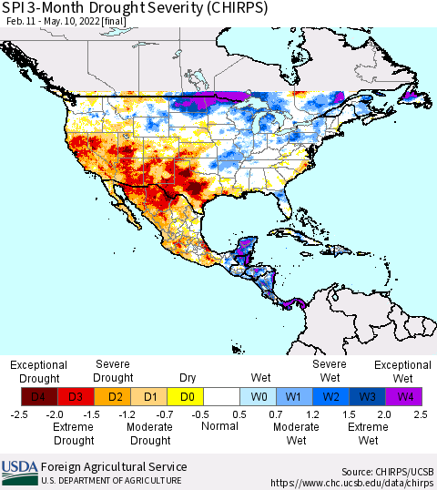 North America SPI 3-Month Drought Severity (CHIRPS) Thematic Map For 2/11/2022 - 5/10/2022