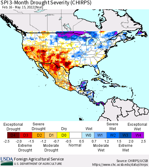North America SPI 3-Month Drought Severity (CHIRPS) Thematic Map For 2/16/2022 - 5/15/2022