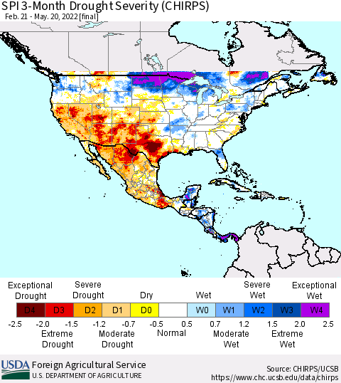 North America SPI 3-Month Drought Severity (CHIRPS) Thematic Map For 2/21/2022 - 5/20/2022