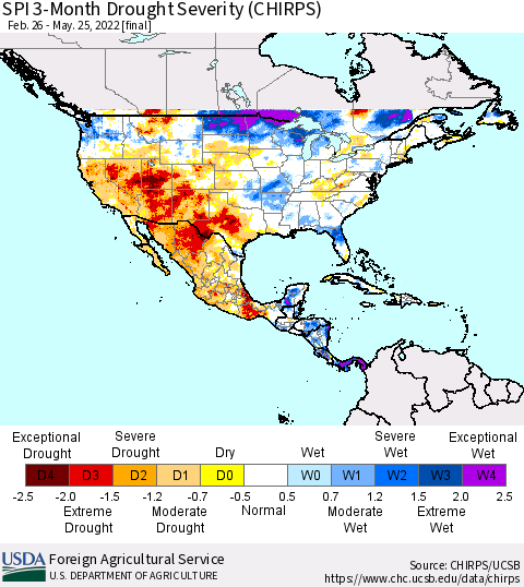 North America SPI 3-Month Drought Severity (CHIRPS) Thematic Map For 2/26/2022 - 5/25/2022