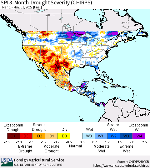 North America SPI 3-Month Drought Severity (CHIRPS) Thematic Map For 3/1/2022 - 5/31/2022