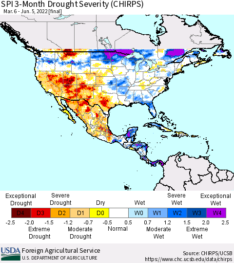 North America SPI 3-Month Drought Severity (CHIRPS) Thematic Map For 3/6/2022 - 6/5/2022