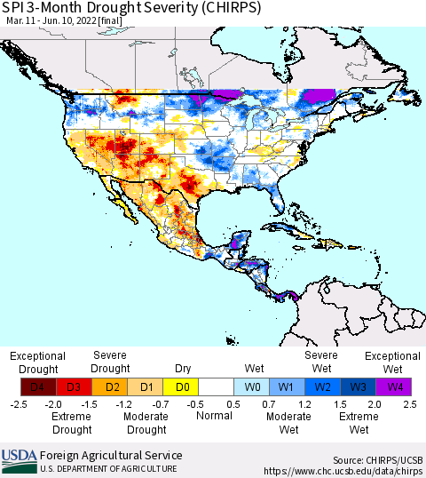 North America SPI 3-Month Drought Severity (CHIRPS) Thematic Map For 3/11/2022 - 6/10/2022