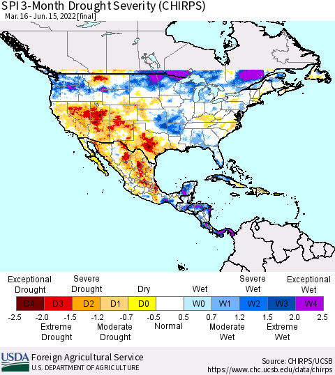 North America SPI 3-Month Drought Severity (CHIRPS) Thematic Map For 3/16/2022 - 6/15/2022