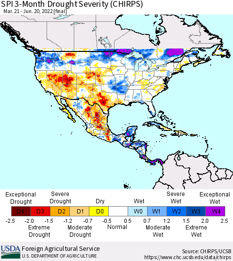 North America SPI 3-Month Drought Severity (CHIRPS) Thematic Map For 3/21/2022 - 6/20/2022