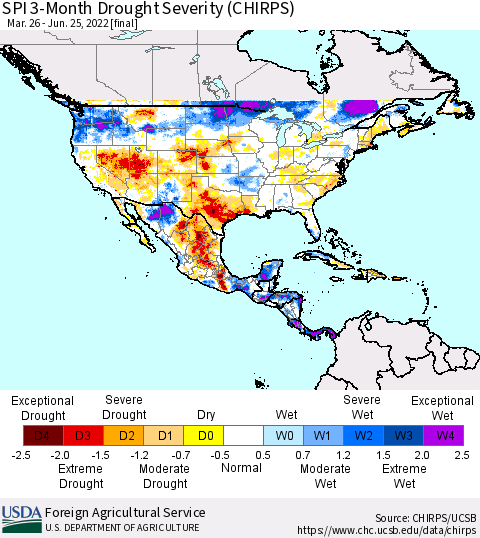 North America SPI 3-Month Drought Severity (CHIRPS) Thematic Map For 3/26/2022 - 6/25/2022