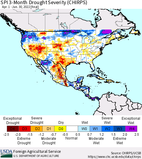 North America SPI 3-Month Drought Severity (CHIRPS) Thematic Map For 4/1/2022 - 6/30/2022