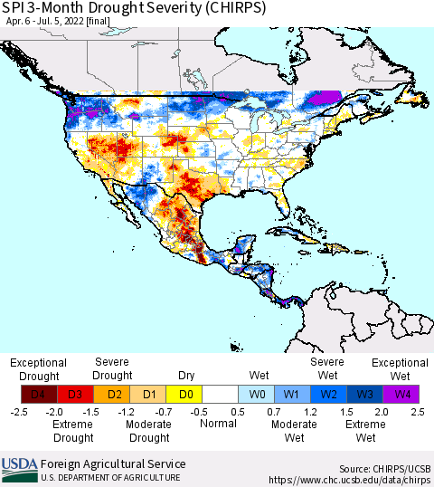 North America SPI 3-Month Drought Severity (CHIRPS) Thematic Map For 4/6/2022 - 7/5/2022