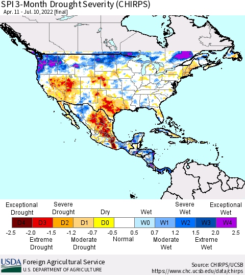 North America SPI 3-Month Drought Severity (CHIRPS) Thematic Map For 4/11/2022 - 7/10/2022