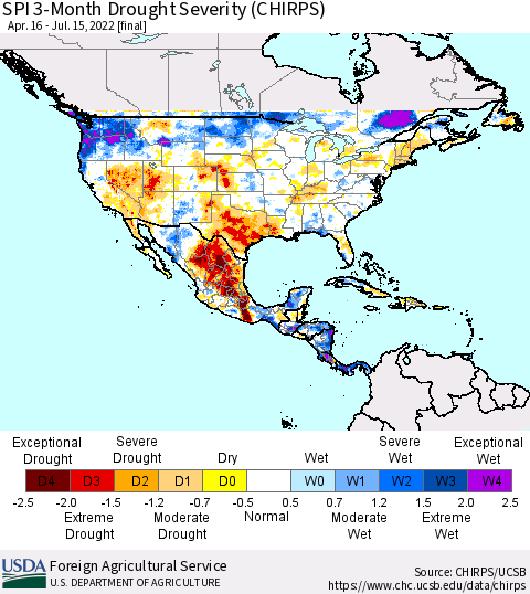 North America SPI 3-Month Drought Severity (CHIRPS) Thematic Map For 4/16/2022 - 7/15/2022