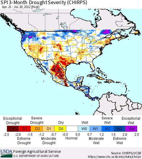 North America SPI 3-Month Drought Severity (CHIRPS) Thematic Map For 4/21/2022 - 7/20/2022