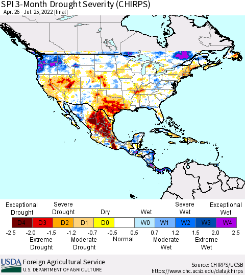 North America SPI 3-Month Drought Severity (CHIRPS) Thematic Map For 4/26/2022 - 7/25/2022