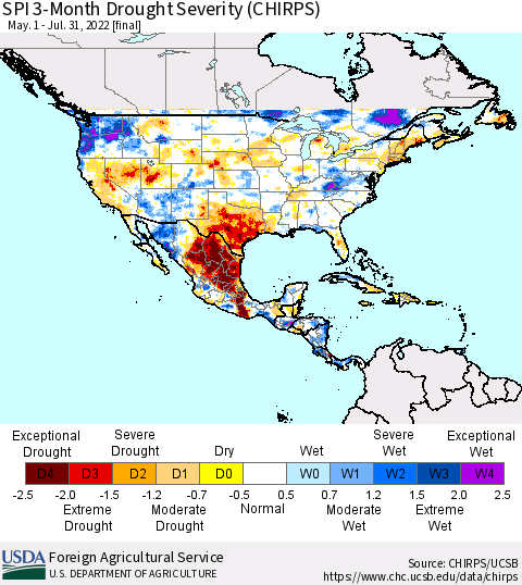 North America SPI 3-Month Drought Severity (CHIRPS) Thematic Map For 5/1/2022 - 7/31/2022