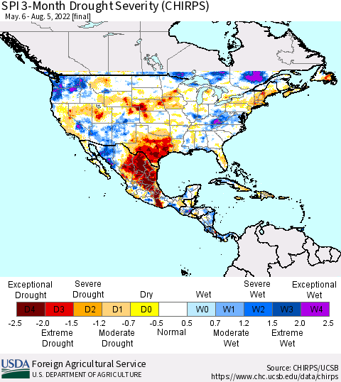 North America SPI 3-Month Drought Severity (CHIRPS) Thematic Map For 5/6/2022 - 8/5/2022