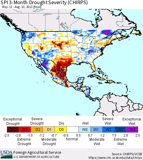 North America SPI 3-Month Drought Severity (CHIRPS) Thematic Map For 5/11/2022 - 8/10/2022