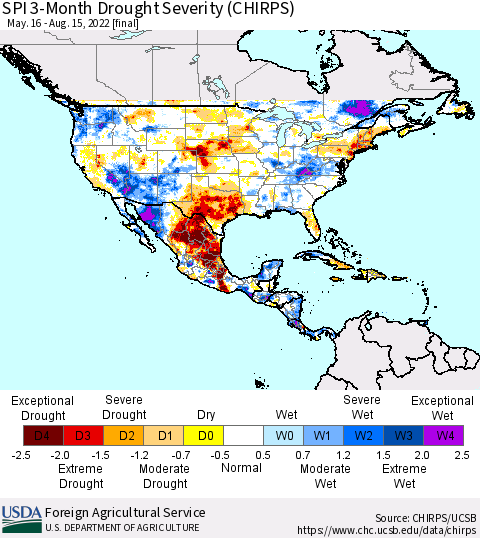 North America SPI 3-Month Drought Severity (CHIRPS) Thematic Map For 5/16/2022 - 8/15/2022