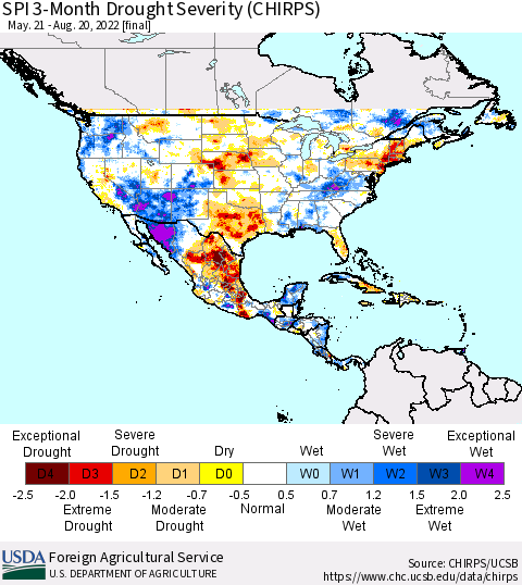 North America SPI 3-Month Drought Severity (CHIRPS) Thematic Map For 5/21/2022 - 8/20/2022