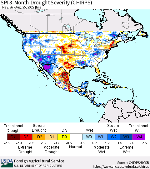 North America SPI 3-Month Drought Severity (CHIRPS) Thematic Map For 5/26/2022 - 8/25/2022