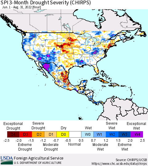 North America SPI 3-Month Drought Severity (CHIRPS) Thematic Map For 6/1/2022 - 8/31/2022
