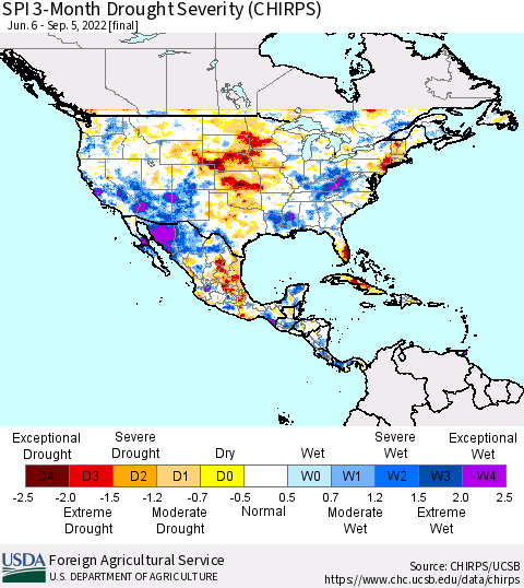 North America SPI 3-Month Drought Severity (CHIRPS) Thematic Map For 6/6/2022 - 9/5/2022