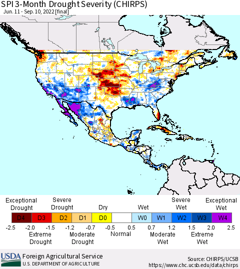 North America SPI 3-Month Drought Severity (CHIRPS) Thematic Map For 6/11/2022 - 9/10/2022