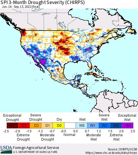 North America SPI 3-Month Drought Severity (CHIRPS) Thematic Map For 6/16/2022 - 9/15/2022
