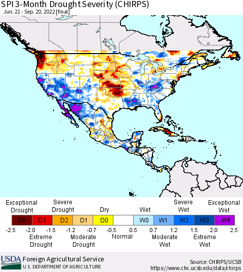 North America SPI 3-Month Drought Severity (CHIRPS) Thematic Map For 6/21/2022 - 9/20/2022
