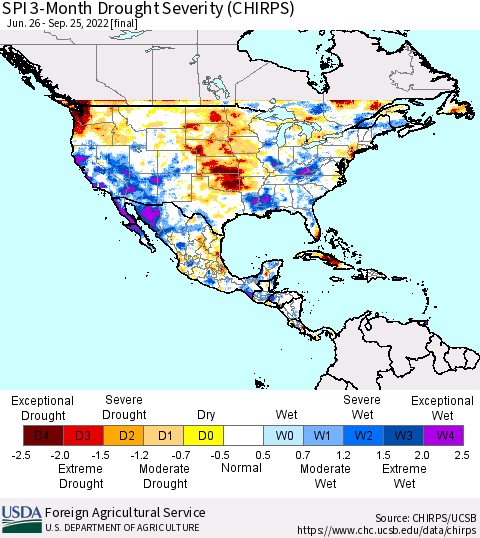 North America SPI 3-Month Drought Severity (CHIRPS) Thematic Map For 6/26/2022 - 9/25/2022
