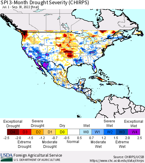 North America SPI 3-Month Drought Severity (CHIRPS) Thematic Map For 7/1/2022 - 9/30/2022