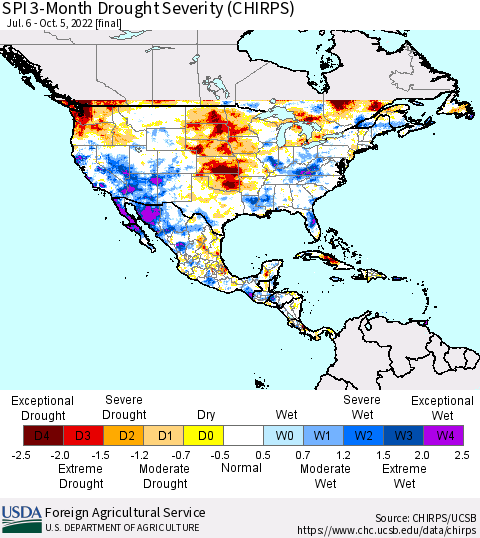 North America SPI 3-Month Drought Severity (CHIRPS) Thematic Map For 7/6/2022 - 10/5/2022