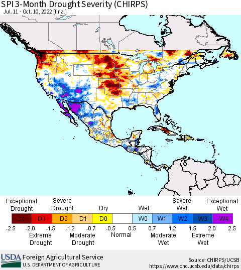 North America SPI 3-Month Drought Severity (CHIRPS) Thematic Map For 7/11/2022 - 10/10/2022