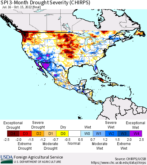 North America SPI 3-Month Drought Severity (CHIRPS) Thematic Map For 7/16/2022 - 10/15/2022