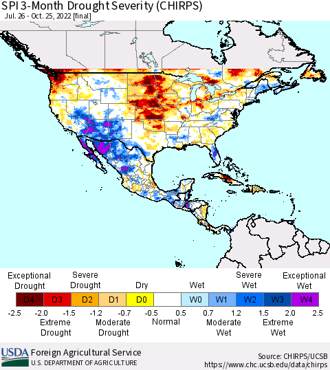 North America SPI 3-Month Drought Severity (CHIRPS) Thematic Map For 7/26/2022 - 10/25/2022