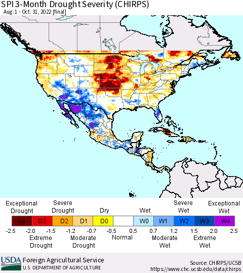 North America SPI 3-Month Drought Severity (CHIRPS) Thematic Map For 8/1/2022 - 10/31/2022