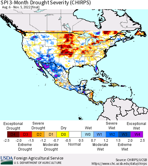 North America SPI 3-Month Drought Severity (CHIRPS) Thematic Map For 8/6/2022 - 11/5/2022