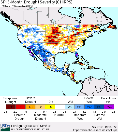 North America SPI 3-Month Drought Severity (CHIRPS) Thematic Map For 8/11/2022 - 11/10/2022