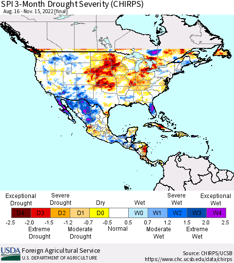 North America SPI 3-Month Drought Severity (CHIRPS) Thematic Map For 8/16/2022 - 11/15/2022