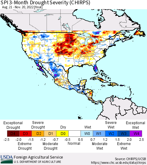 North America SPI 3-Month Drought Severity (CHIRPS) Thematic Map For 8/21/2022 - 11/20/2022