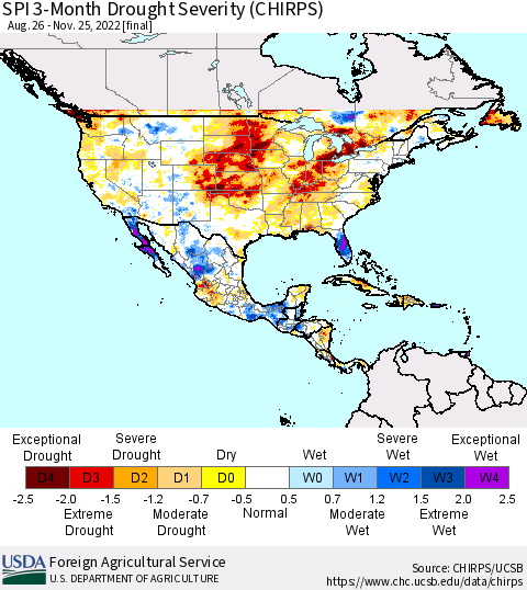 North America SPI 3-Month Drought Severity (CHIRPS) Thematic Map For 8/26/2022 - 11/25/2022