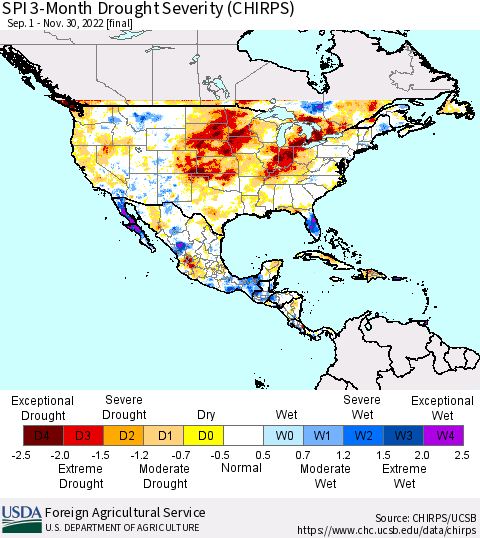 North America SPI 3-Month Drought Severity (CHIRPS) Thematic Map For 9/1/2022 - 11/30/2022