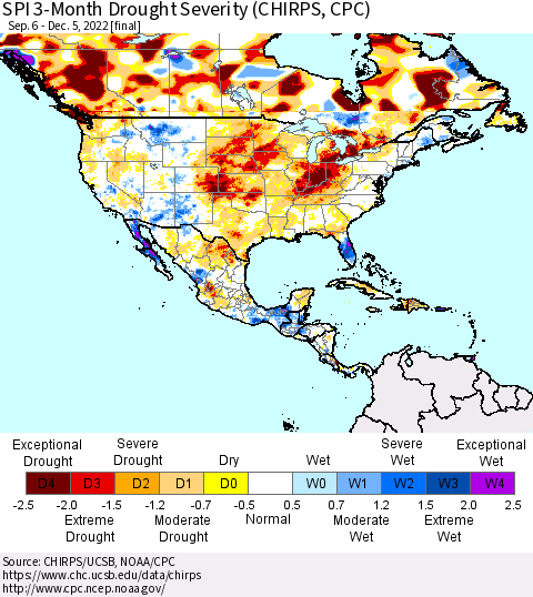 North America SPI 3-Month Drought Severity (CHIRPS) Thematic Map For 9/6/2022 - 12/5/2022