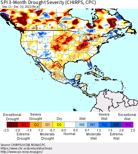 North America SPI 3-Month Drought Severity (CHIRPS) Thematic Map For 9/11/2022 - 12/10/2022