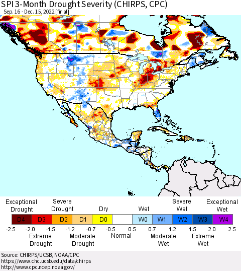 North America SPI 3-Month Drought Severity (CHIRPS) Thematic Map For 9/16/2022 - 12/15/2022