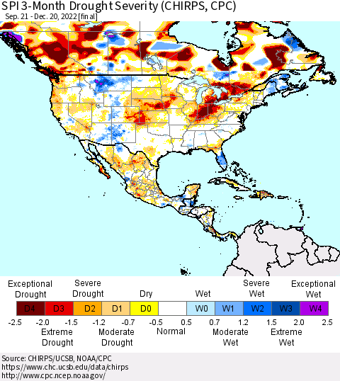 North America SPI 3-Month Drought Severity (CHIRPS) Thematic Map For 9/21/2022 - 12/20/2022